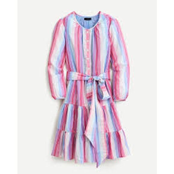 J. Crew Belted Button Up Long Sleeve Mini Dress in Pastel Stripe Purple Pink M - Picture 1 of 10